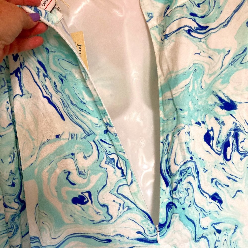 NWT Caryn Vallone Knee Length Dress Long Sleeve Blue Marble Swing Satin XS - Picture 5 of 9